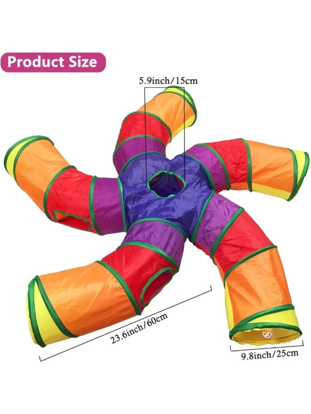 Colorful Cat Tunnel Tube with 6 Peek Holes - Collapsible 5-Way Play Maze for